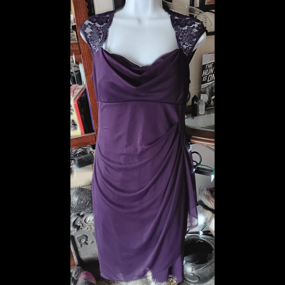 💜 Vintage Xscape by Joanna Chen Lace Dress Plum Purple Formal 8 Ruched